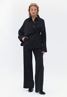 Bayan Siyah Yüksek Bel Kemerli Wide-Leg Pantolon