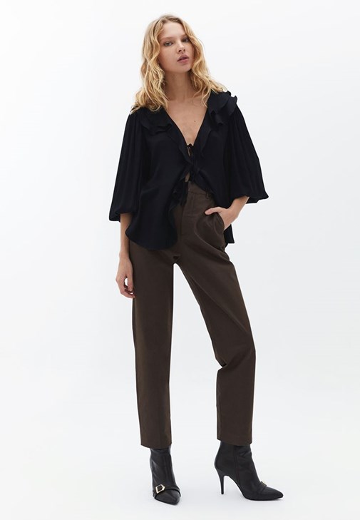 Kahverengi Yüksek Bel Straight-Fit Pantolon