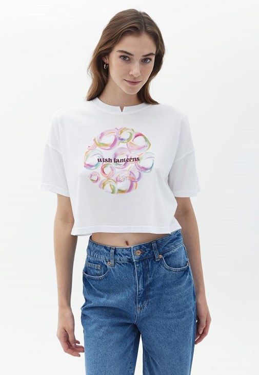 Beyaz Pamuklu Crop Tişört