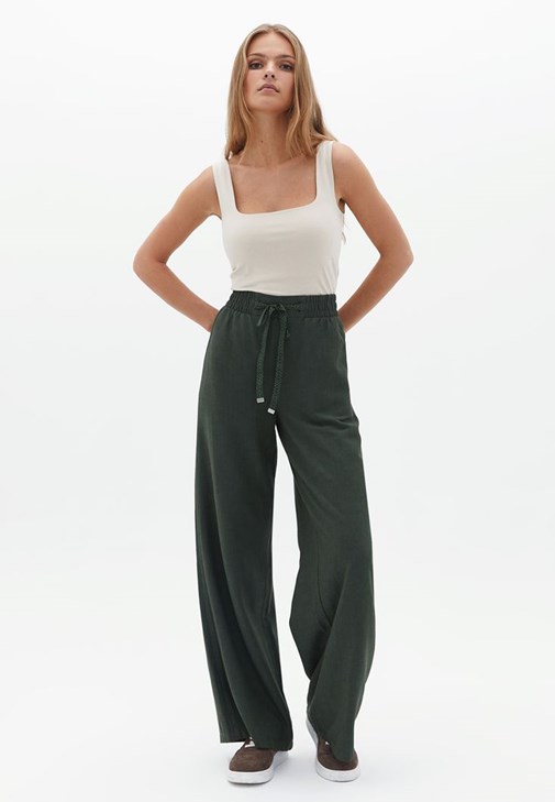 Yeşil Orta Bel Wide-Leg Pantolon