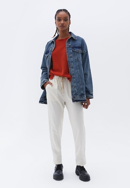 Krem Yüksek Bel Carrot-Fit Pantolon