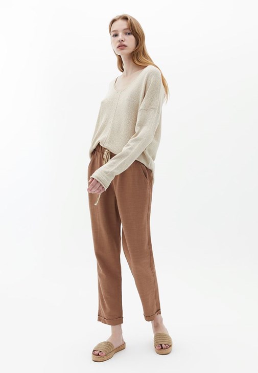 Kahverengi Yüksek Bel Carrot-Fit Pantolon