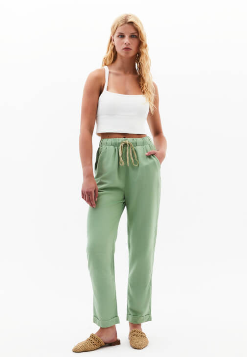 Yeşil Yüksek Bel Carrot-Fit Pantolon