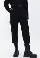 Bayan Siyah Orta Bel Kemerli Kargo Pantolon ( TENCEL™ )