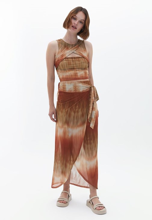 Çok Renkli Yüksek Bel Bağlama Detaylı Tül Etek