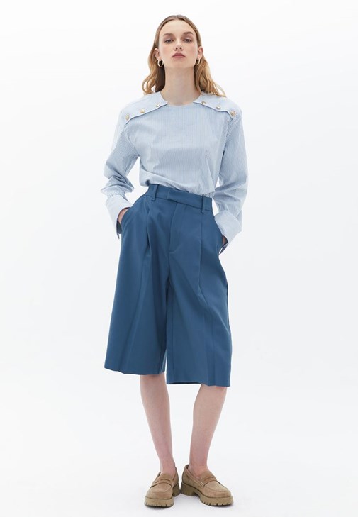 Mavi Yüksek Bel Bermuda Şort