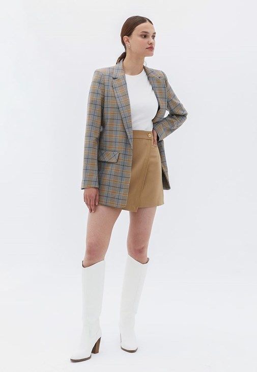 Kahverengi Yüksek Bel Mini Etek 