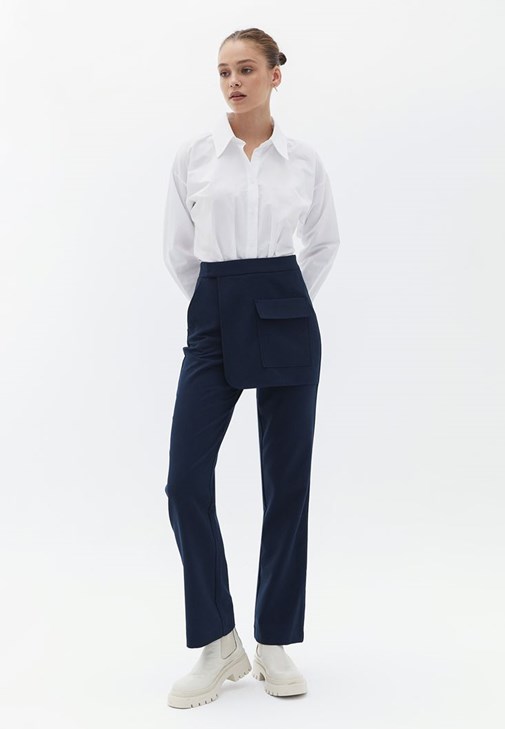 Lacivert Yüksek Bel Straight-Fit Pantolon 