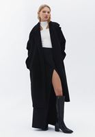 Bayan Siyah Kuşaklı Oversize Kaban