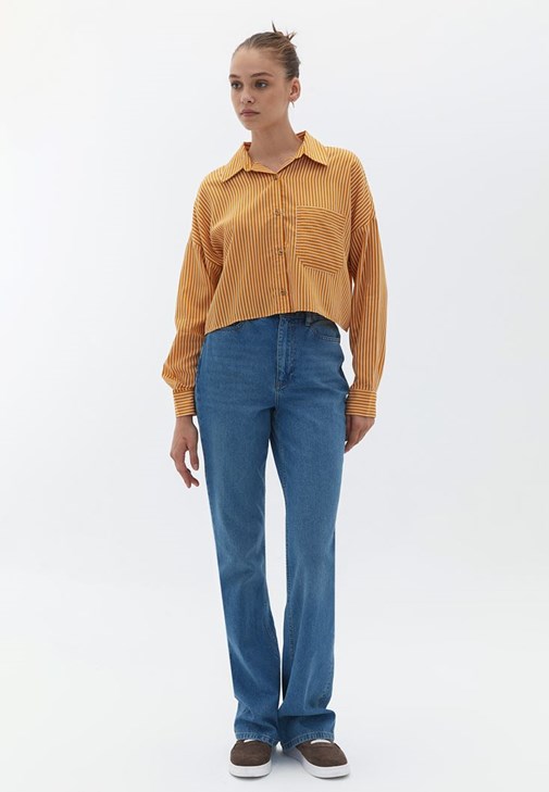 Çizgili Crop Gömlek ve Pantolon Kombini