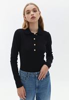 Bayan Siyah Polo Yaka Bluz