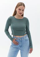 Bayan Yeşil Pamuklu Crop Tişört