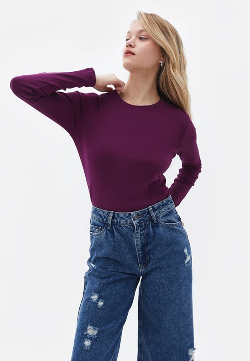 Mor Pamuklu Uzun Kollu Tişört