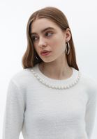 Bayan Krem İnci Detaylı Triko Kazak