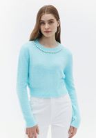 Bayan Mavi İnci Detaylı Triko Kazak