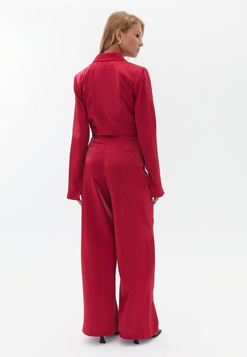 Saten Crop Ceket ve Pantolon Kombini