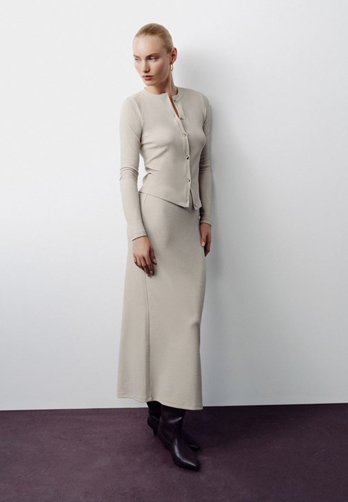 Bej Yüksek Bel Simli Uzun Etek 