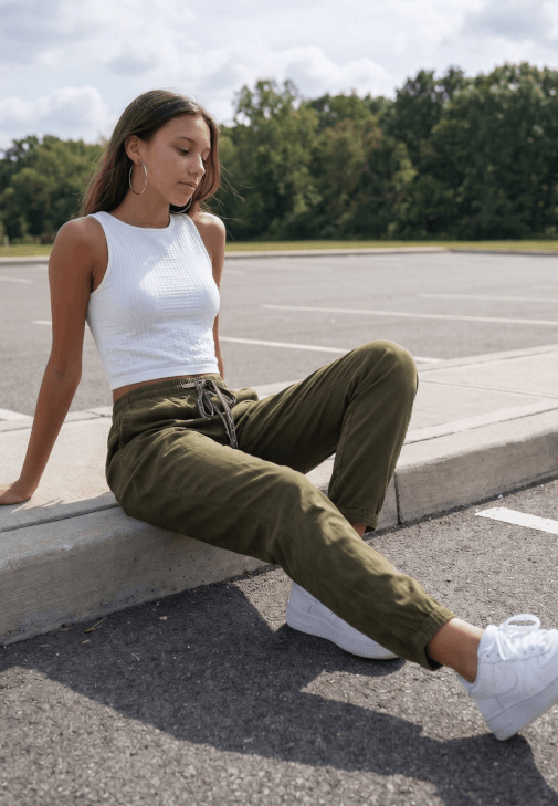 Yeşil Beli Lastikli Carrot-Fit Pantolon ( TENCEL™ )
