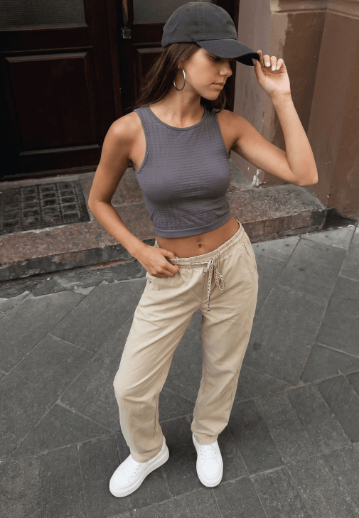 Bej Beli Lastikli Carrot-Fit Pantolon ( TENCEL™ )