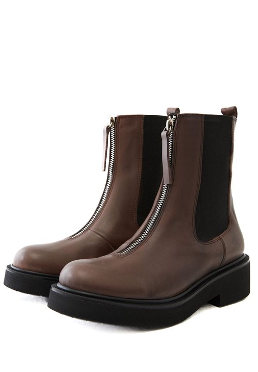 Kahverengi Fermuar Detaylı Deri Bot