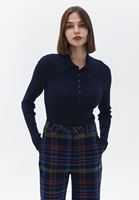 Bayan Lacivert Polo Yaka Triko Kazak