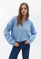 Bayan Mavi Kapüşonlu Crop Sweatshirt