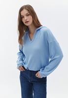 Bayan Mavi Kapüşonlu Crop Sweatshirt