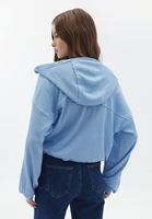 Bayan Mavi Kapüşonlu Crop Sweatshirt