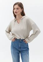 Bayan Bej Kapüşonlu Crop Sweatshirt