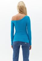 Bayan Mavi Düşük Yaka Uzun Kollu Tişört