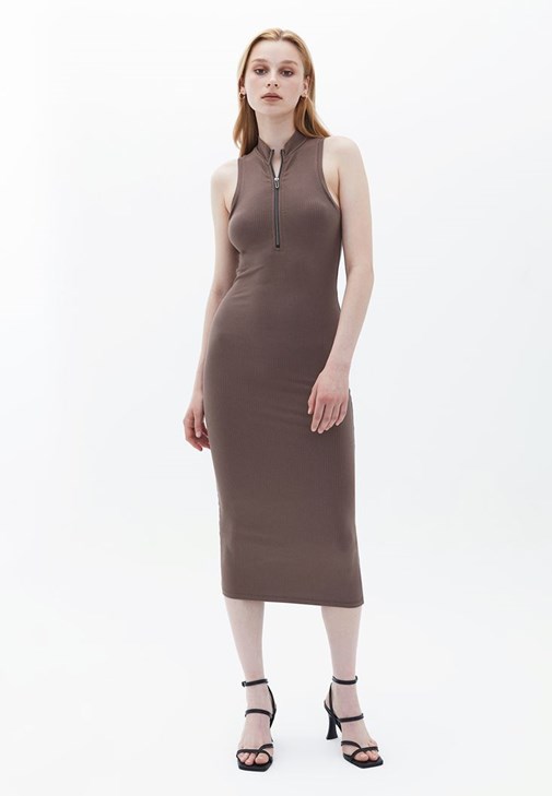 Kahverengi Fermuar Detaylı Midi Elbise