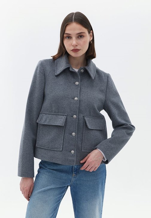 Mavi Yün Karışımlı Kısa Mont