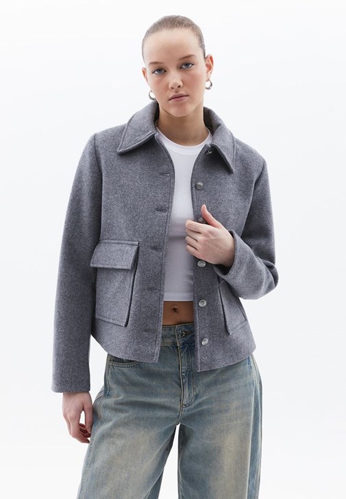 Mavi Yün Karışımlı Kısa Mont