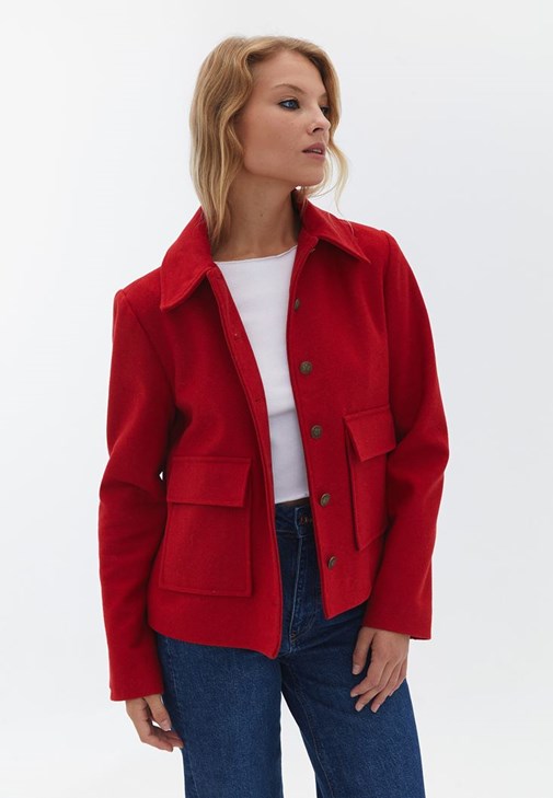 Kırmızı Yün Karışımlı Cepli Kaban