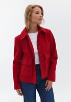 Bayan Kırmızı Yün Karışımlı Cepli Kaban