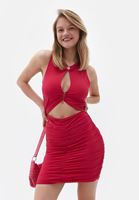 Bayan Pembe Cut Out Detaylı Büzgülü Mini Elbise
