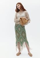 Bayan Çok Renkli Yüksek Bel Püsküllü Midi Etek