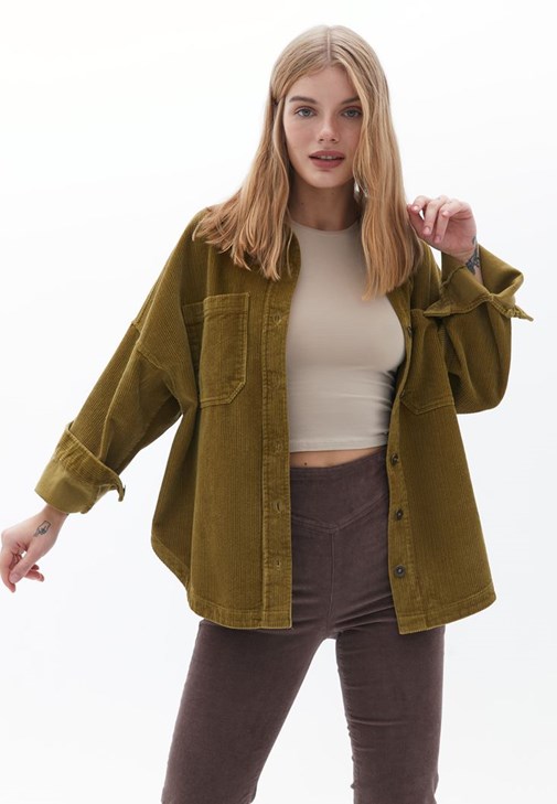 Yeşil Oversize Kadife Gömlek