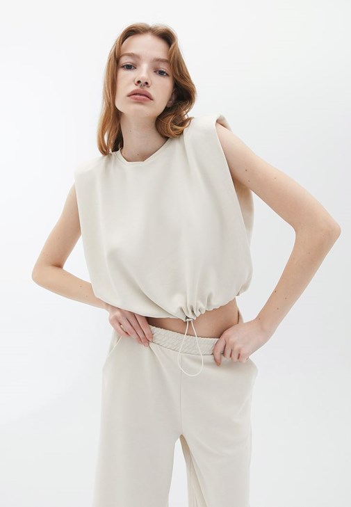 Krem Sıfır Yaka Crop Atlet ( MODAL )