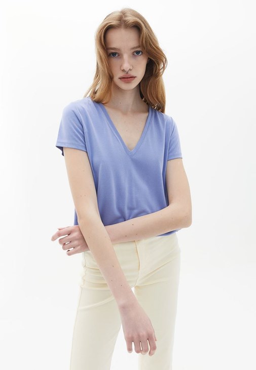 Mavi Yumuşak Dokulu V Yaka Tişört ( MODAL )