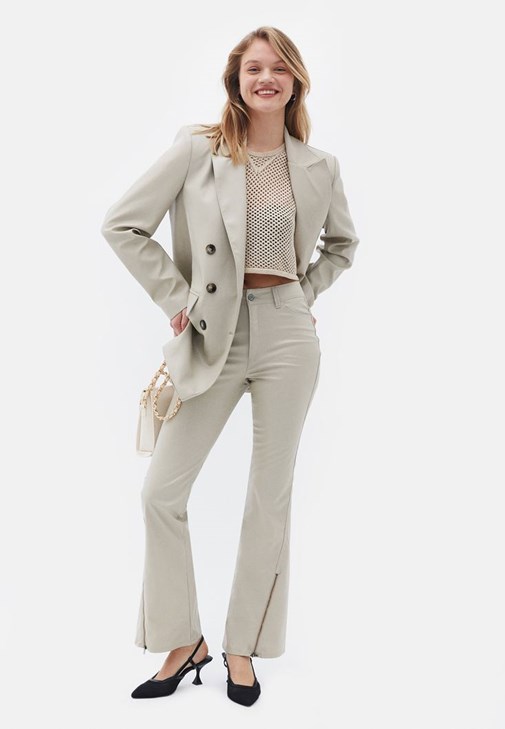 Bej Orta Bel Vegan Deri Bootcut Pantolon