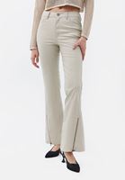 Bayan Bej Orta Bel Vegan Deri Bootcut Pantolon