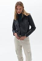 Bayan Siyah Loose-Fit Vegan Deri Ceket