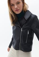 Bayan Siyah Loose-Fit Vegan Deri Ceket