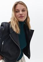 Bayan Siyah Loose-Fit Vegan Deri Ceket