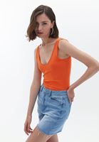 Women Orange Cotton V-Neck Singlet