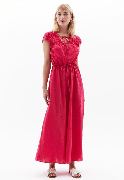 Pembe Pamuklu Uzun Elbise