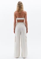 Bayan Krem Yüksek Bel Wide-Leg Kargo Pantolon