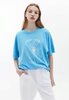 Bayan Mavi Oversize Baskılı Tişört