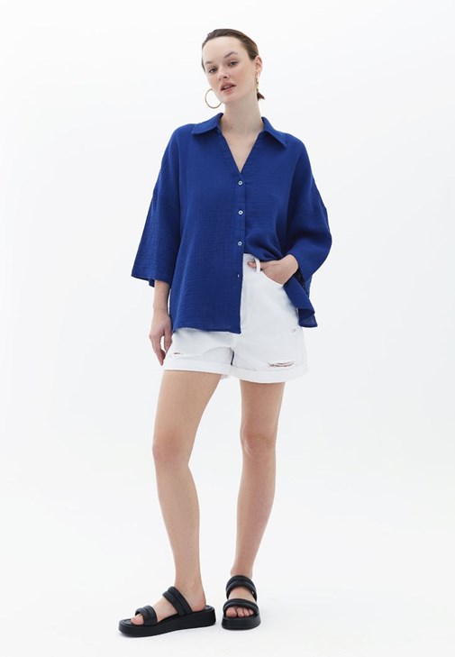  Pamuklu Yüksek Bel Denim Şort